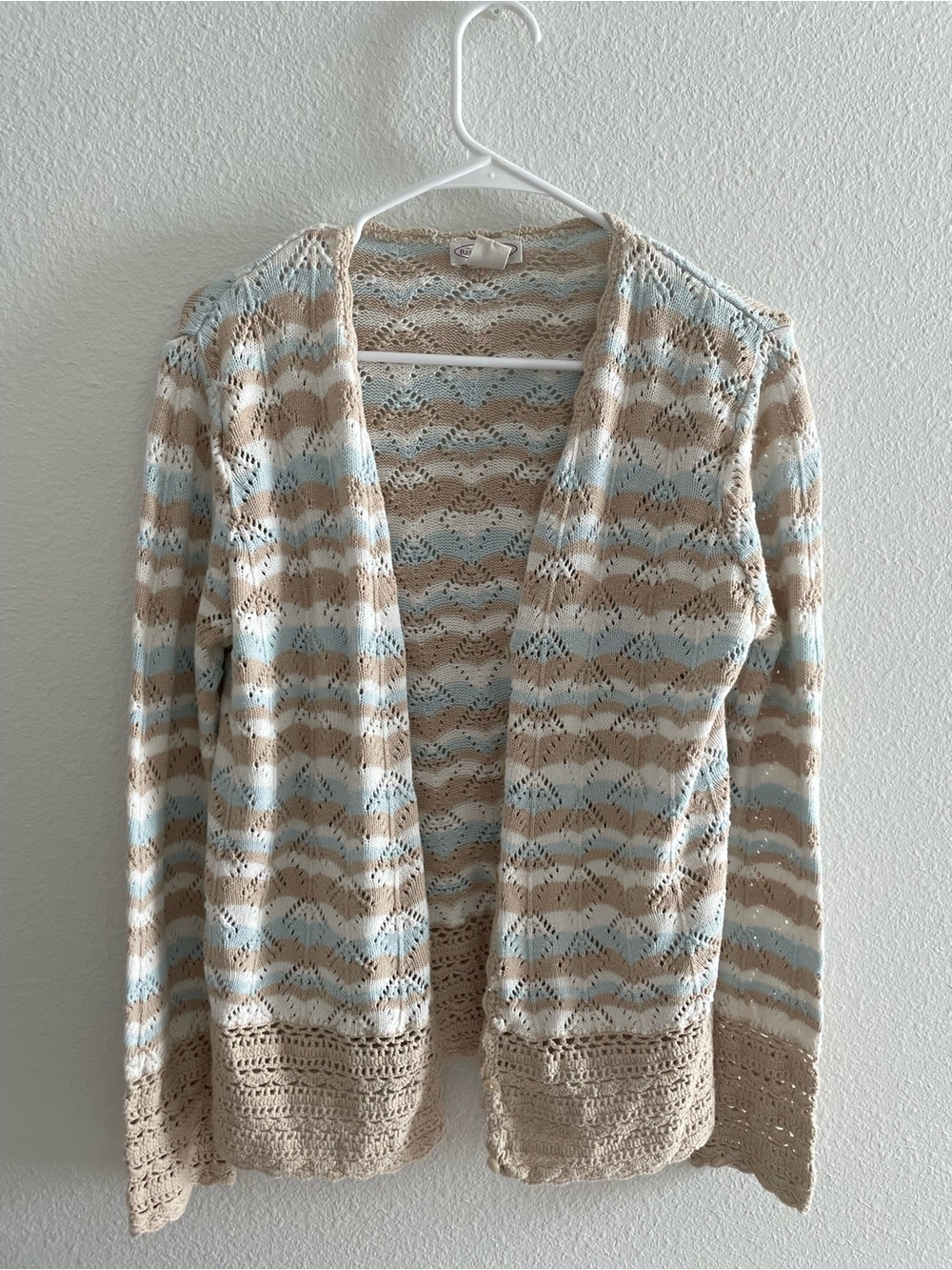 Northern Reflections Blue and Beige Open-Front 100% Cotton Crochet Cardigan